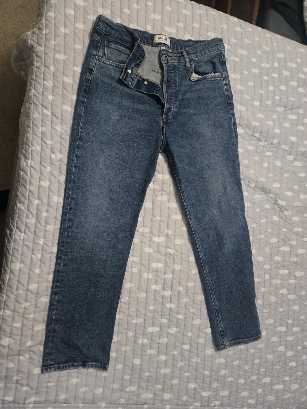 AGOLDE High-Rise Slim Jeans in Medium Blue-Riley crop